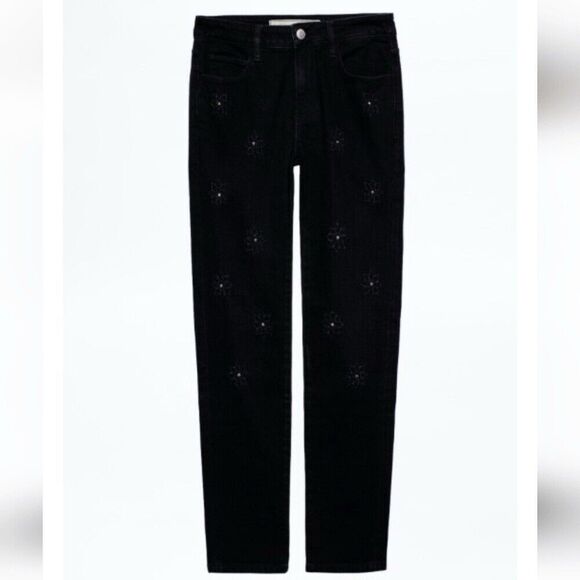 Brockenbow Zadig Voltaire Ritz Jeans Embellished Floral Black Distressed Size 26 - Picture 1 of 10